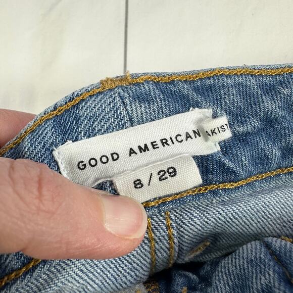 Good American Skirt Womens 29 Blue Denim Mini Medium Wash Jean Raw Hem Casual - Picture 3 of 8